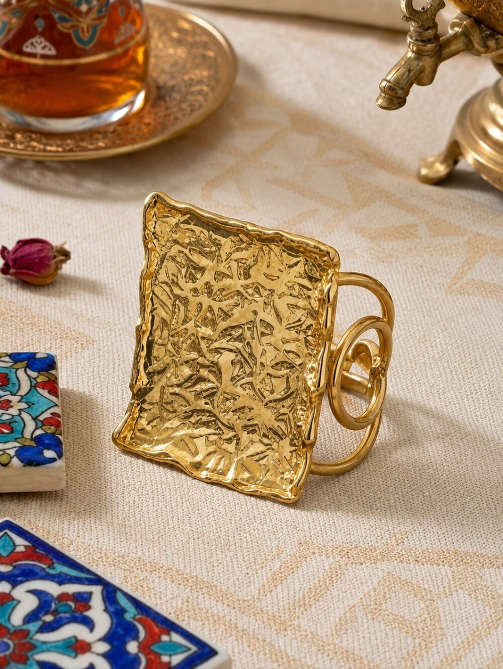Turkish Artisan 18K Gold Plated Brass Statement Adj Cocktail Ring Boho 9-11